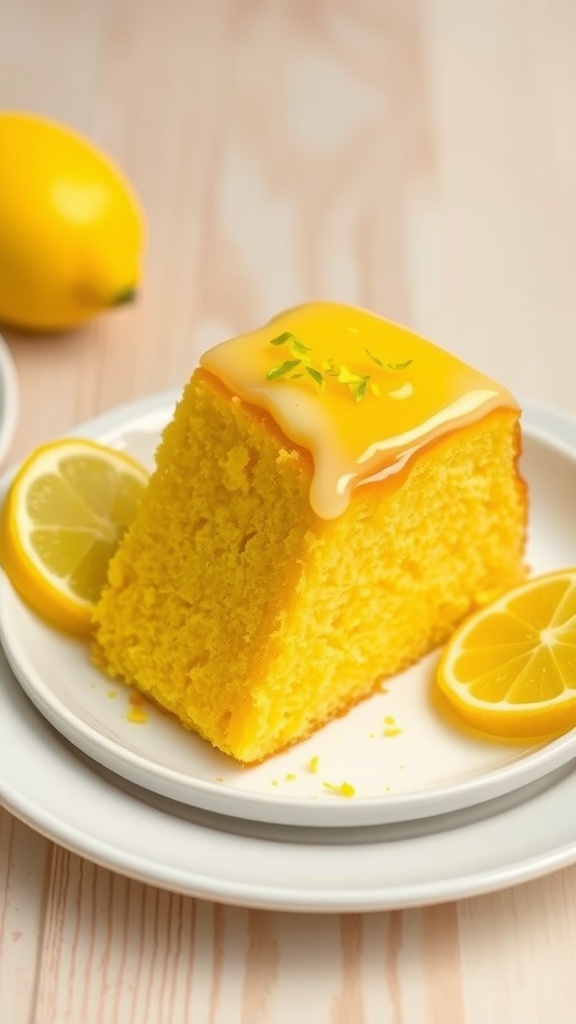 A slice of vegan lemon cake with lemon glaze and zest on a white plate, surrounded by fresh lemons.